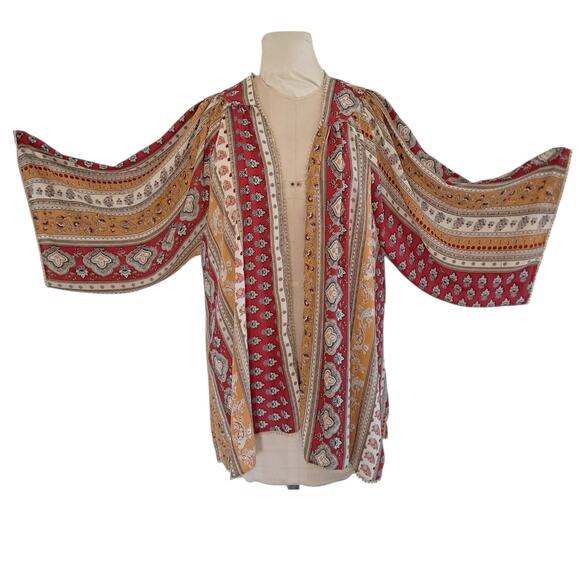 FOREVER 21 Boho Flowy Kimono Style Top Size L Loose Cover Up Floral Stripe Print - Picture 1 of 11